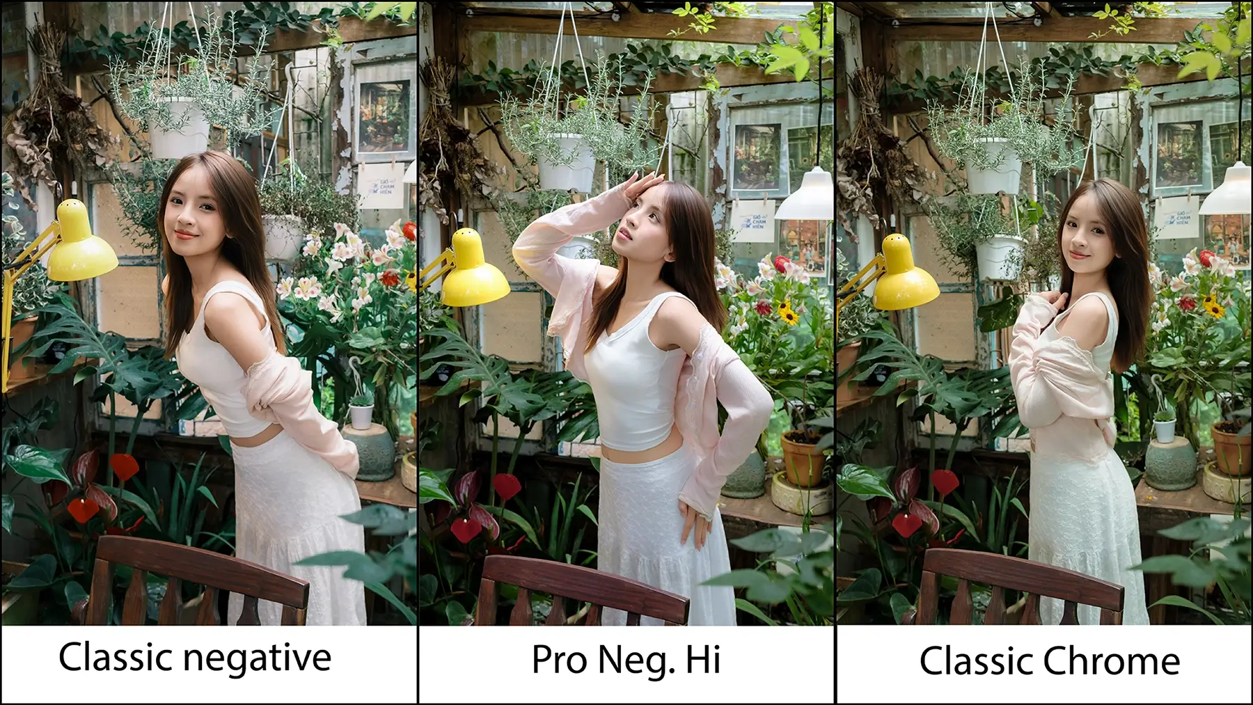 So sánh ba tone màu Fujifilm Classic Negative Classic Chrome và da trắng hồng