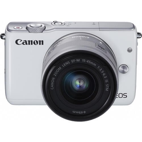 Thân máy Canon EOS M10 vỏ trắng gắn ống kính EF-M 15–45mm, ảnh sản phẩm nền trắng