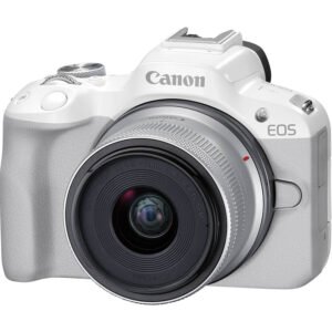 Thân máy Canon EOS R50 vỏ trắng gắn ống kính kit RF-S, ảnh sản phẩm nền trắng