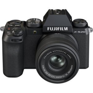 Thân máy Fujifilm X-S20 màu đen gắn ống kính kit, ảnh sản phẩm nền trắng