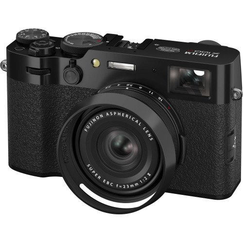 Thân máy Fujifilm X100VI màu đen, ống kính liền có vòng chuyển đổi, ảnh sản phẩm nền trắng