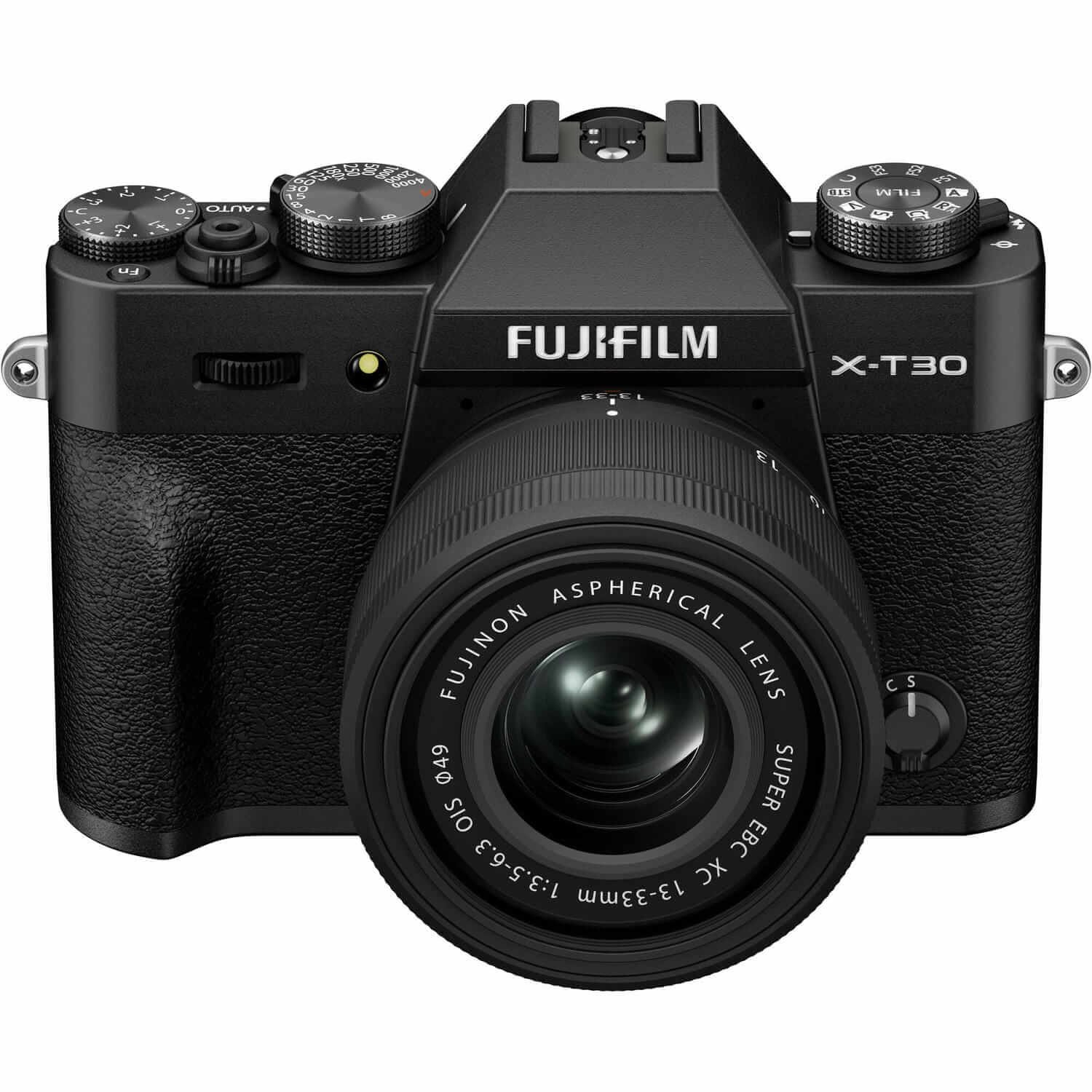 Thân máy Fujifilm X-T30 màu đen gắn ống kính kit, ảnh sản phẩm nền trắng