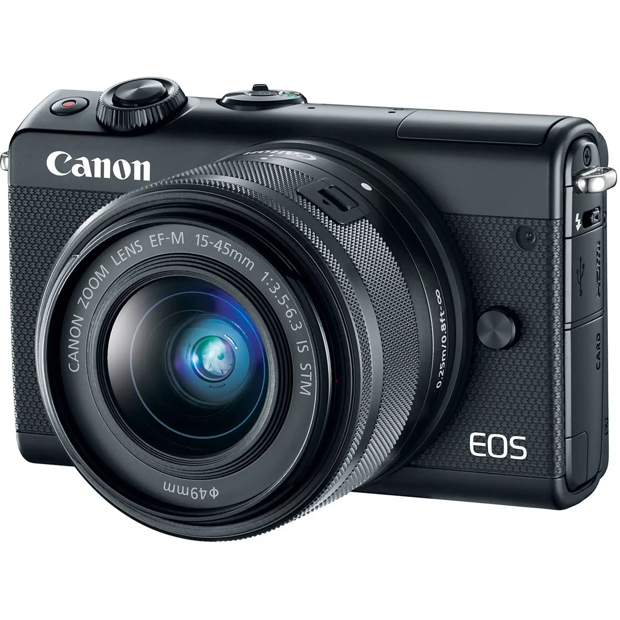 Thân máy Canon EOS M100 màu đen gắn ống kính EF-M 15–45mm, ảnh sản phẩm nền trắng