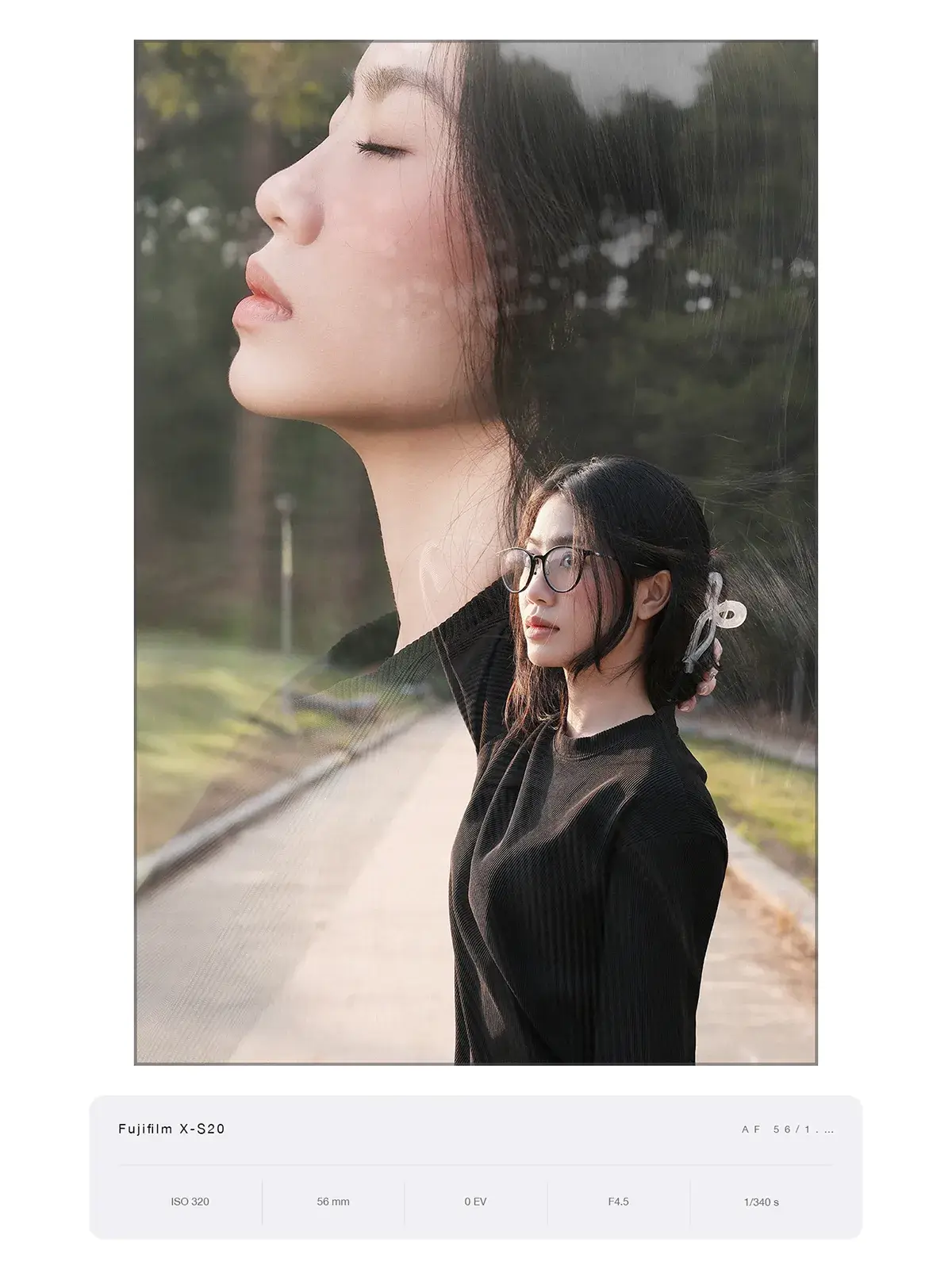Ảnh chồng lớp hai khuôn hình chân dung trên nền đường mòn giữa rừng thông, chụp bằng Fujifilm X-S20