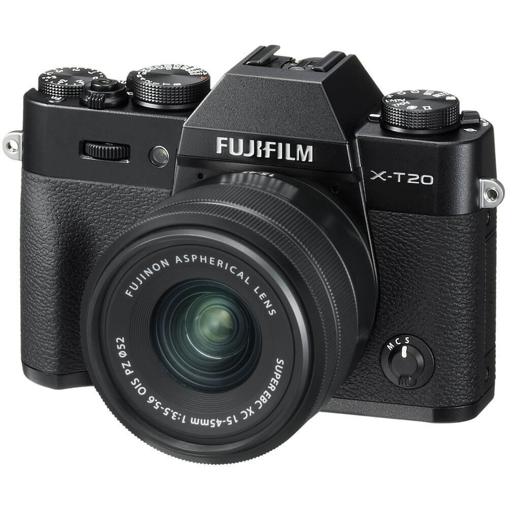 Thân máy Fujifilm X-T20 màu đen gắn ống kính kit, ảnh sản phẩm nền trắng