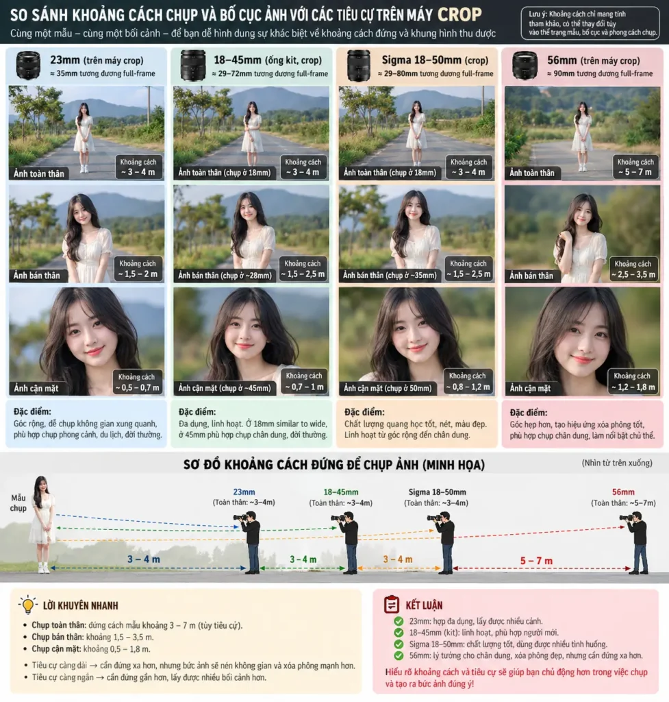 Infographic so sánh khoảng cách chụp và bố cục với lens 23mm, lens kit, Sigma 18–50mm và 56mm trên máy crop